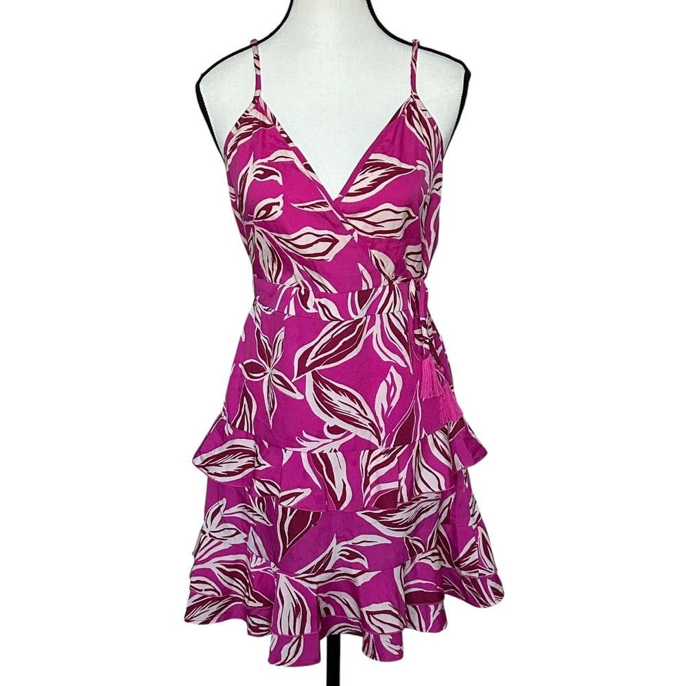 Band‎ of the Free Fuchsia Cream Floral Tropical Tiered Ruffle Wrap Mini Dress M